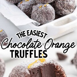 a bunch of Chocolate Orange Truffles in a baking dish and a bit taken out of a Chocolate Orange Truffle