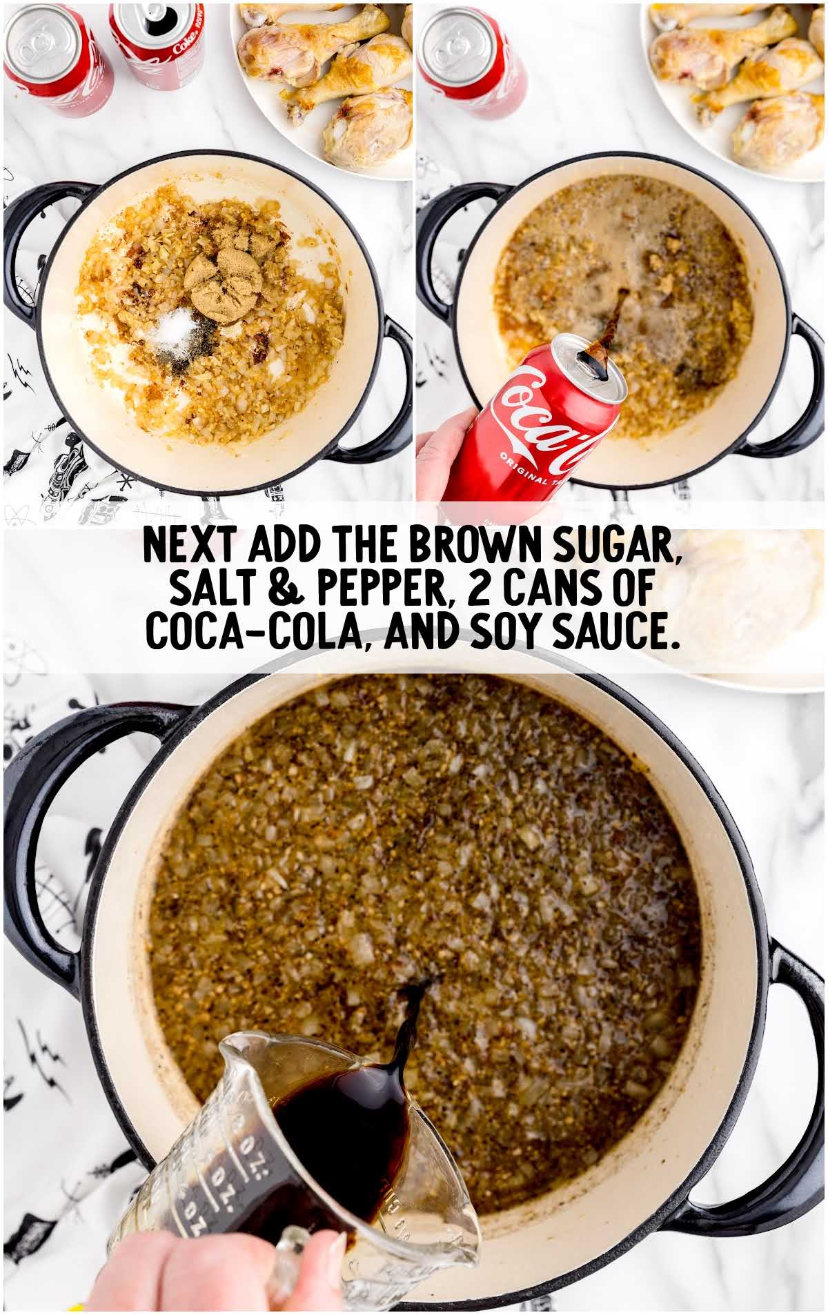 brown sugar, salt, pepper, coca-cola, and soy sauce added to the ingredients in the pot