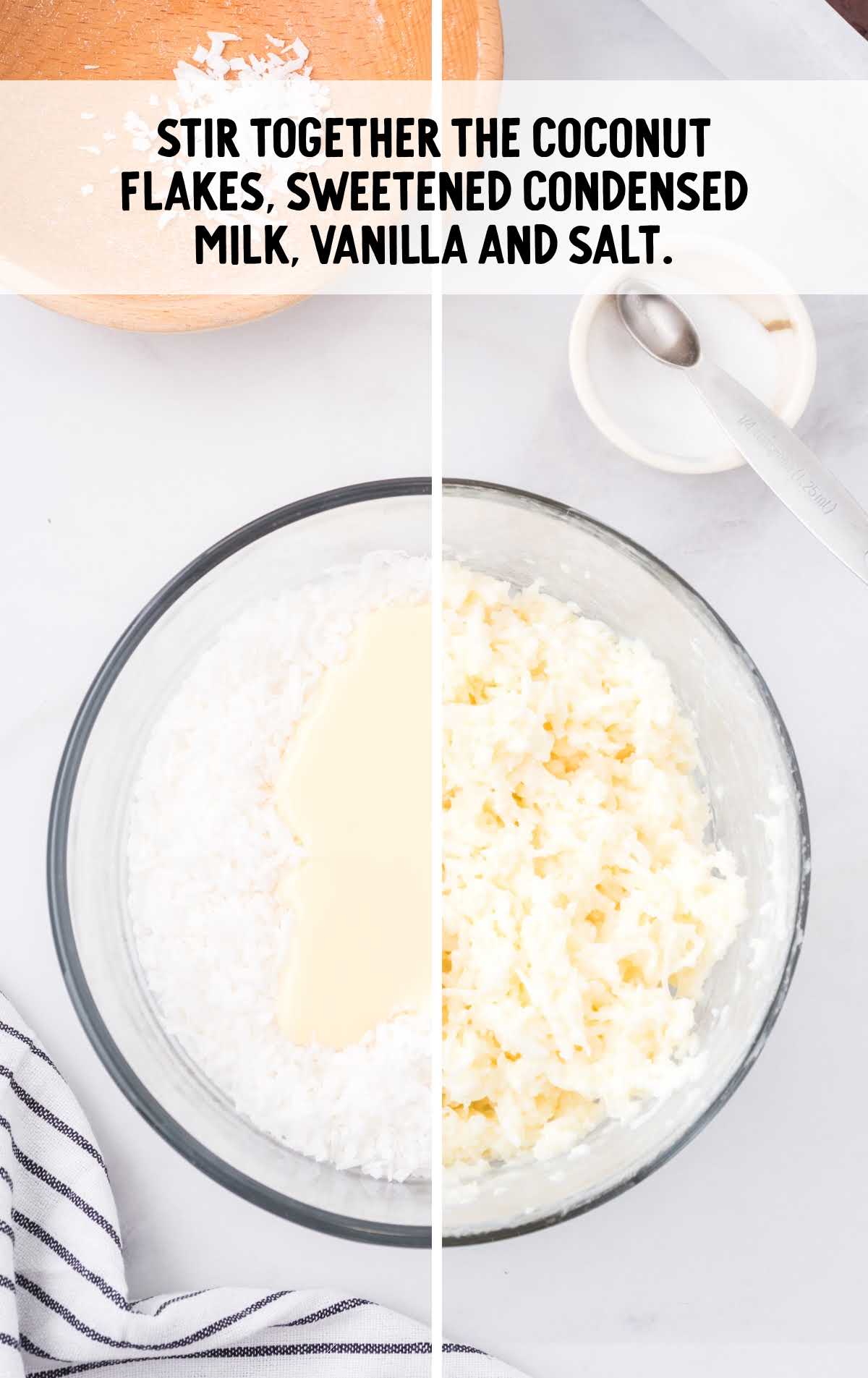 coconut flakes, sweetened condensed milk, vanilla, and salt blended together in a bowl