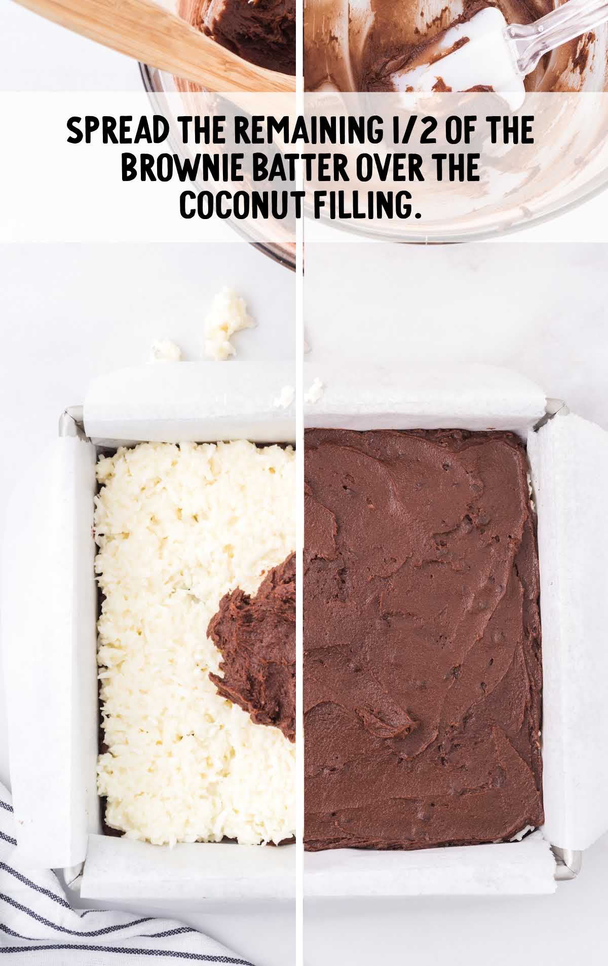 brownie batter spread over the coconut filling in a baking dish