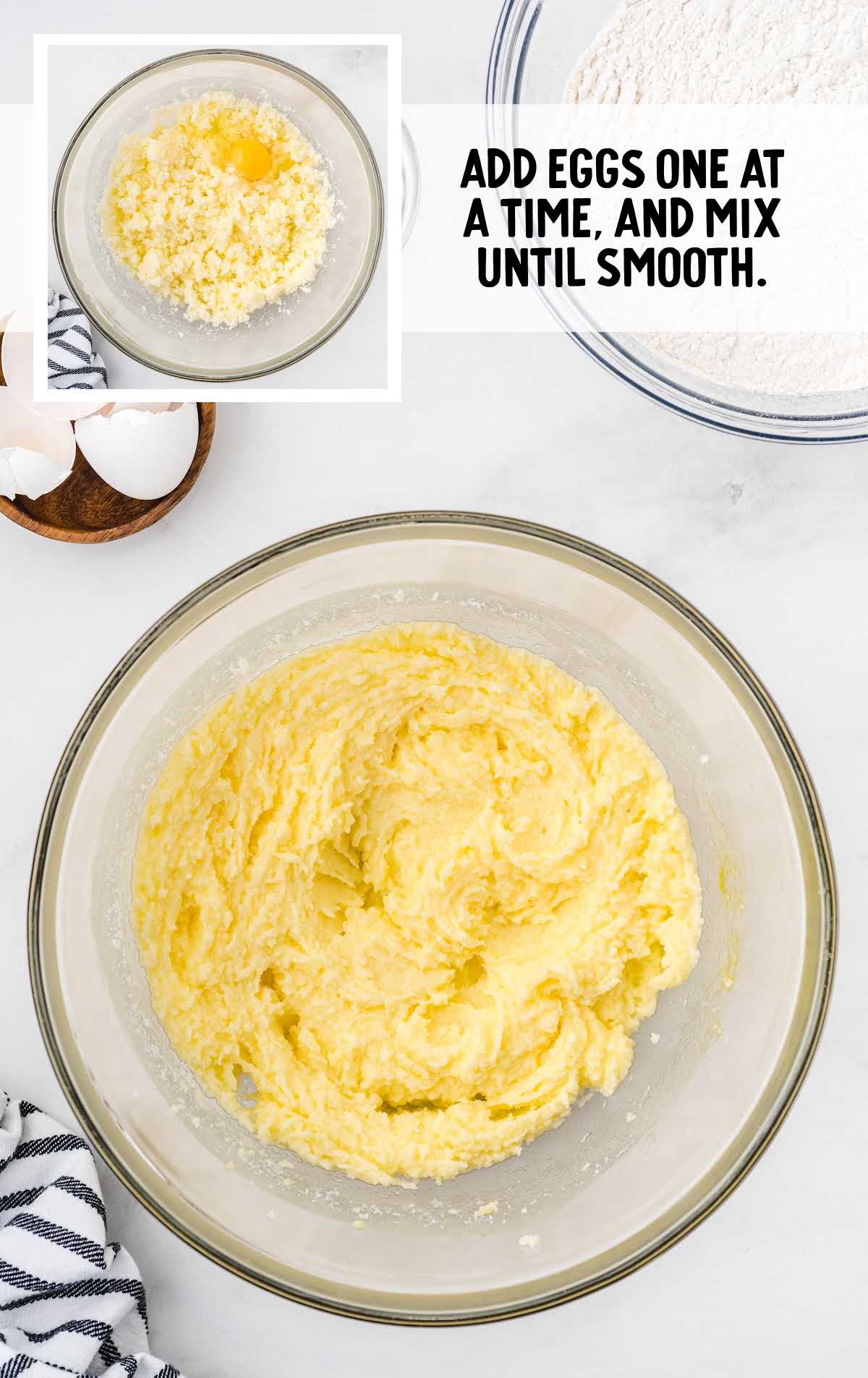 eggs blended into the cream cheese mixture in a bowl
