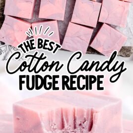 overhead shot of a bunch of cotton candy fudge and close up shot of Candy Fudge on a plate