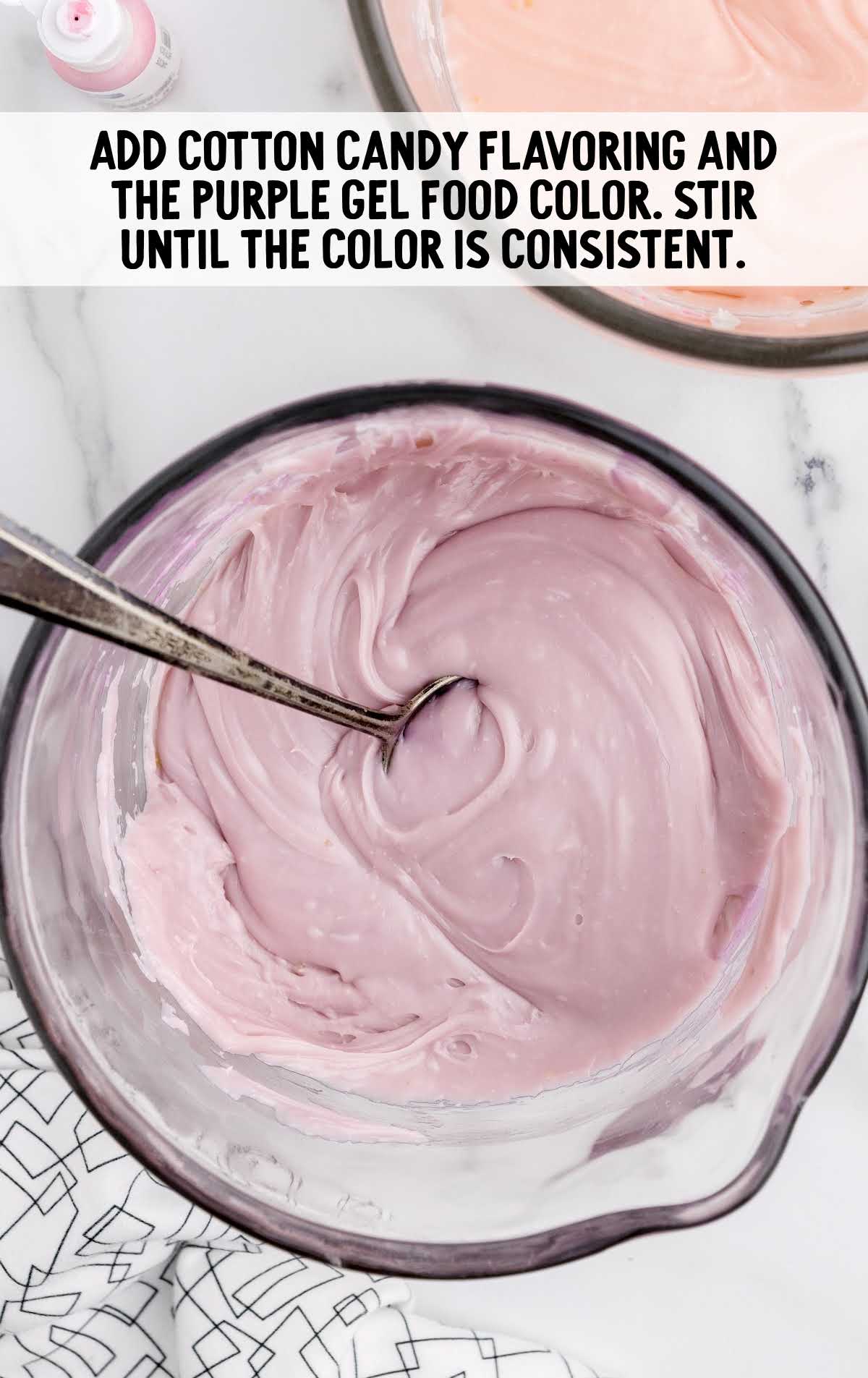 cotton candy flavoring and purple food coloring added to the white chocolate mixture