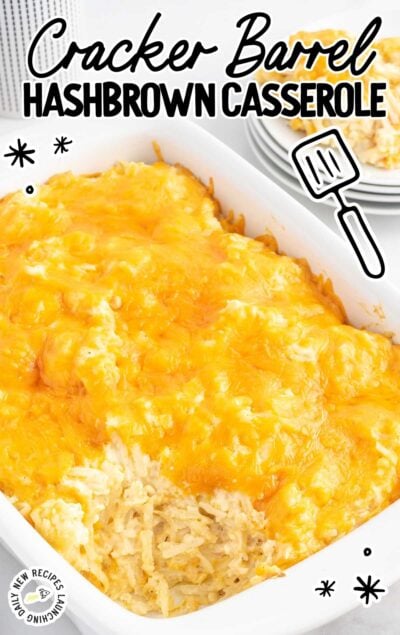 Cracker Barrel Hashbrown Casserole in a baking pan with a piece missing.