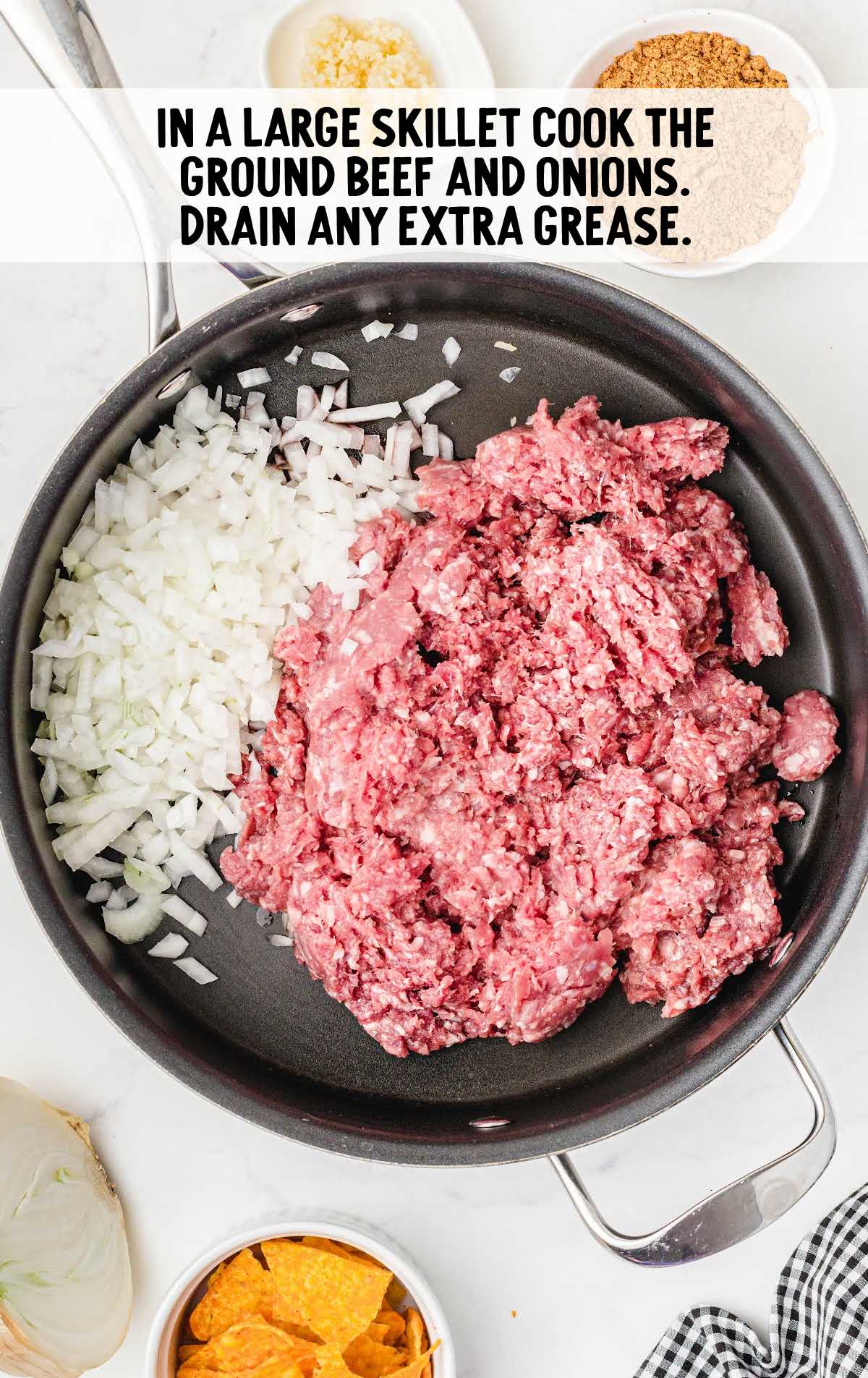 ground beef and onions in a skillet