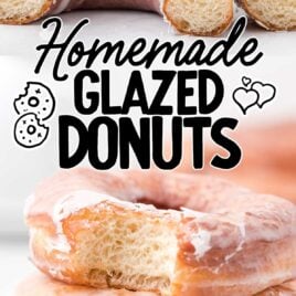 Homemade Glazed Donuts in half and Homemade Glazed Donuts stacked on top of each other