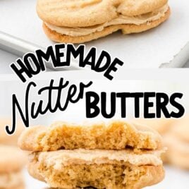 Homemade Nutter Butters on a parchment line sheet and Homemade Nutter Butters stacked on top of each other