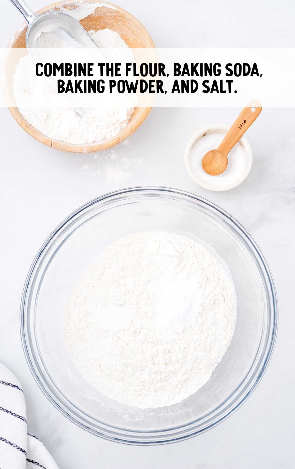 flour, baking soda, baking powder and salt combined in a bowl