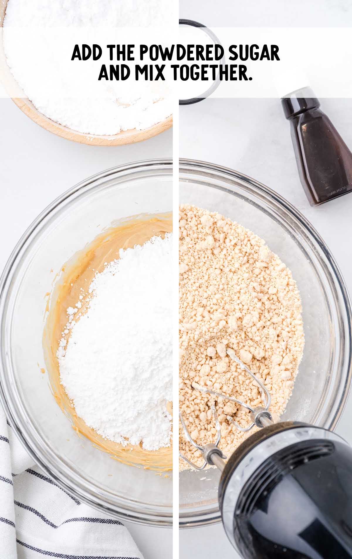 powder sugar blended into the peanut butter mixture in the bowl 