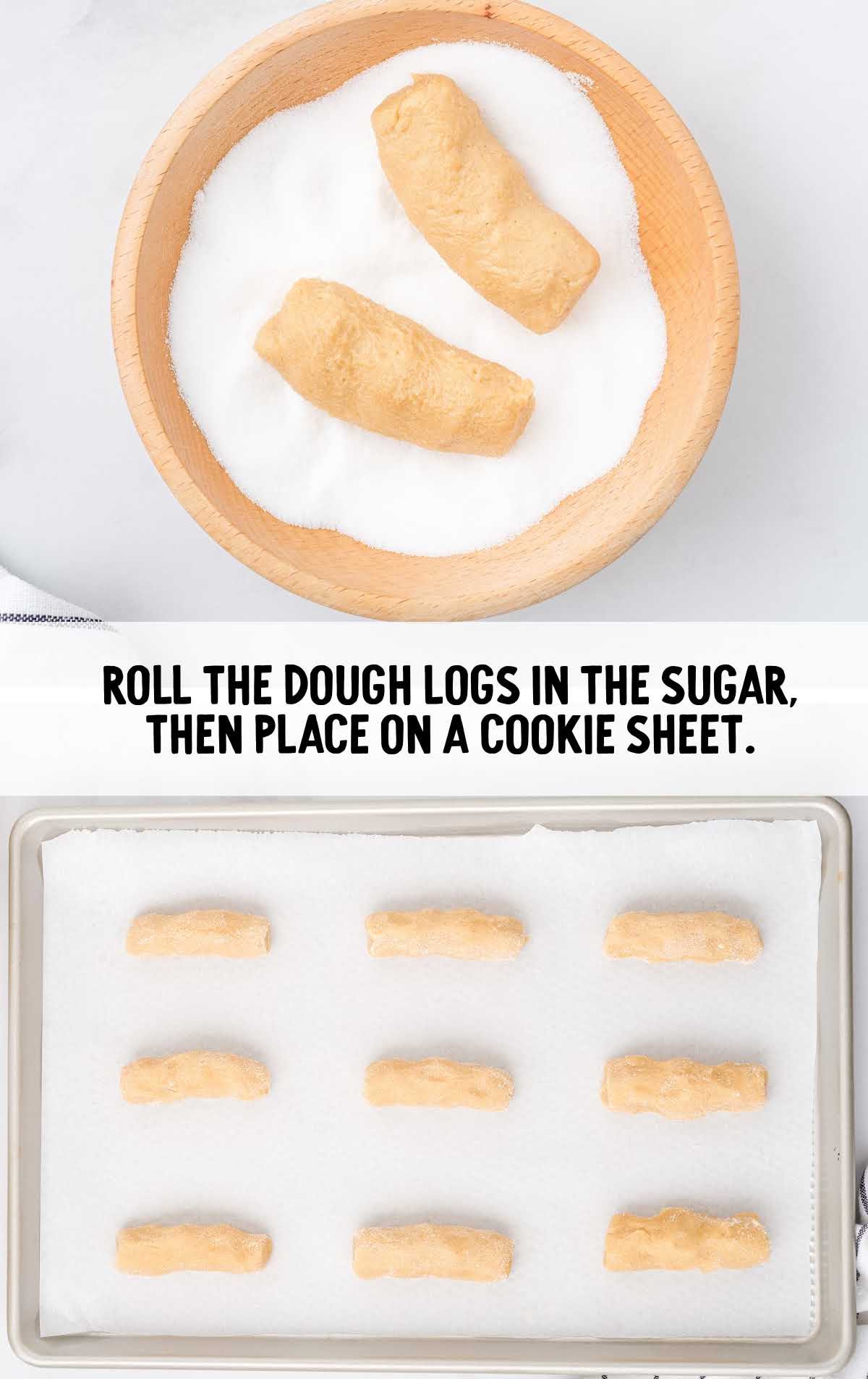 dough rolled with sugar in a bowl and placed on a baking pan
