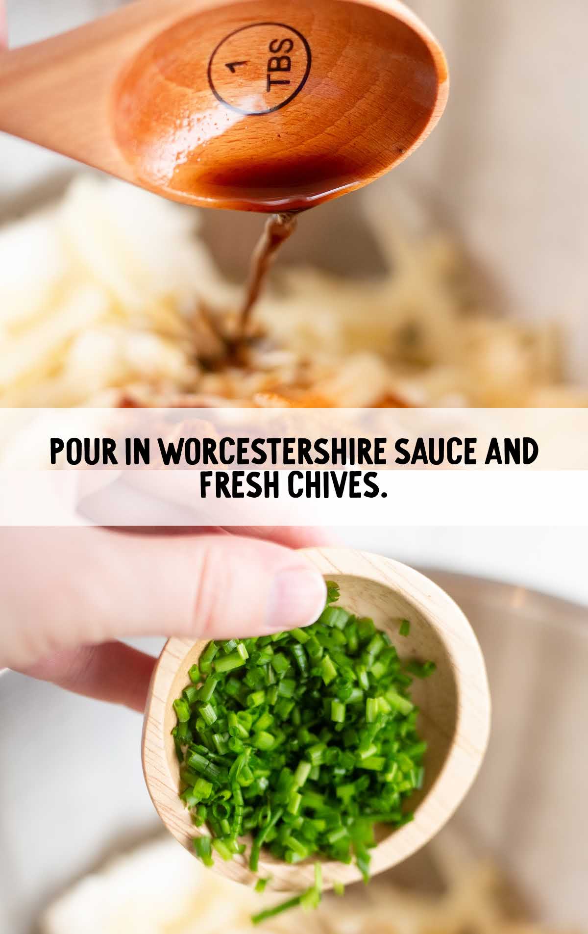 Worcestershire sauce and chives added to the bowl of dip ingredients 