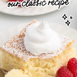 Slice of hot milk cake with whipped cream on top for a classic recipe pin image.