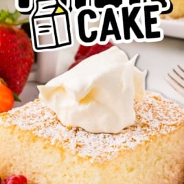 Slice of ultra-moist hot milk cake topped with whipped cream and surrounded by berries with bold text reading “Super Soft Milk Cake.”