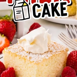 Pinterest graphic reading “Super Soft Milk Cake – Made with Warm Milk!” over a slice of cake topped with whipped cream and berries.