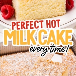 Pinterest image labeled “Perfect Hot Milk Cake Every Time!” with a top and bottom view of the soft, golden cake dusted with powdered sugar.