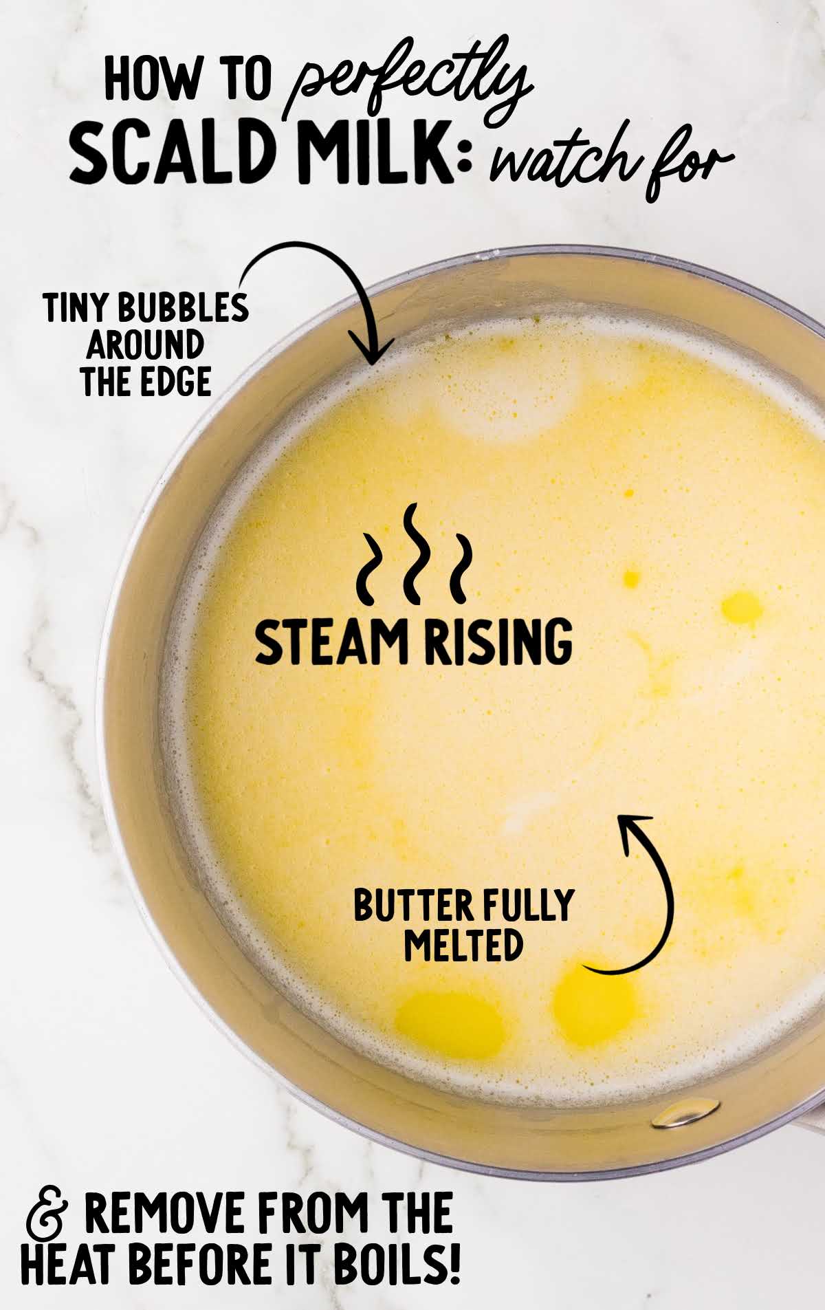 Scalding milk in a saucepan with notes pointing to steam, bubbles, and melted butter.