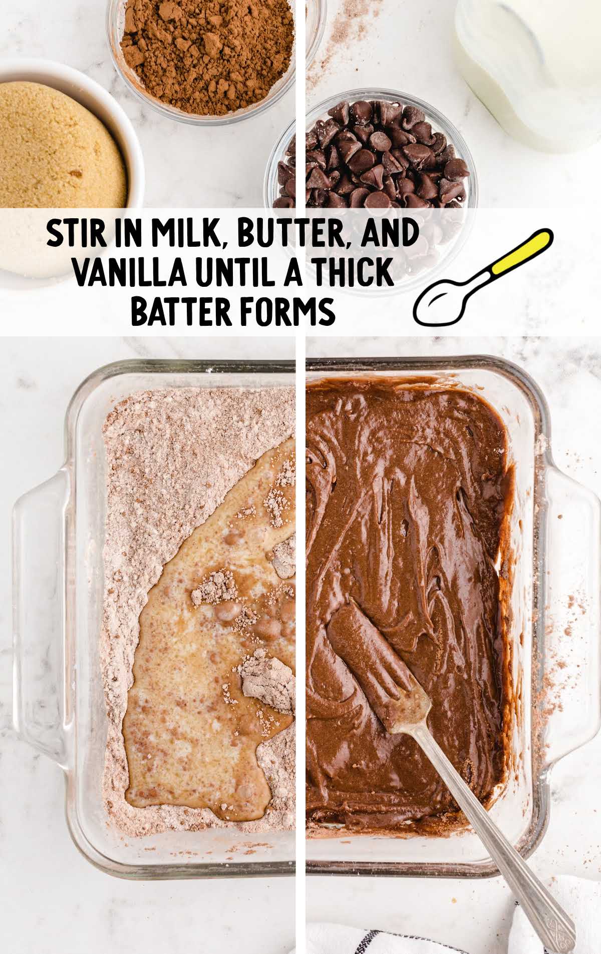 milk, butter, and sugar stirred into the ingredients in the baking dish