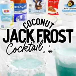 Jack Frost Cocktail topped with shredded coconut in a glass and ingredients