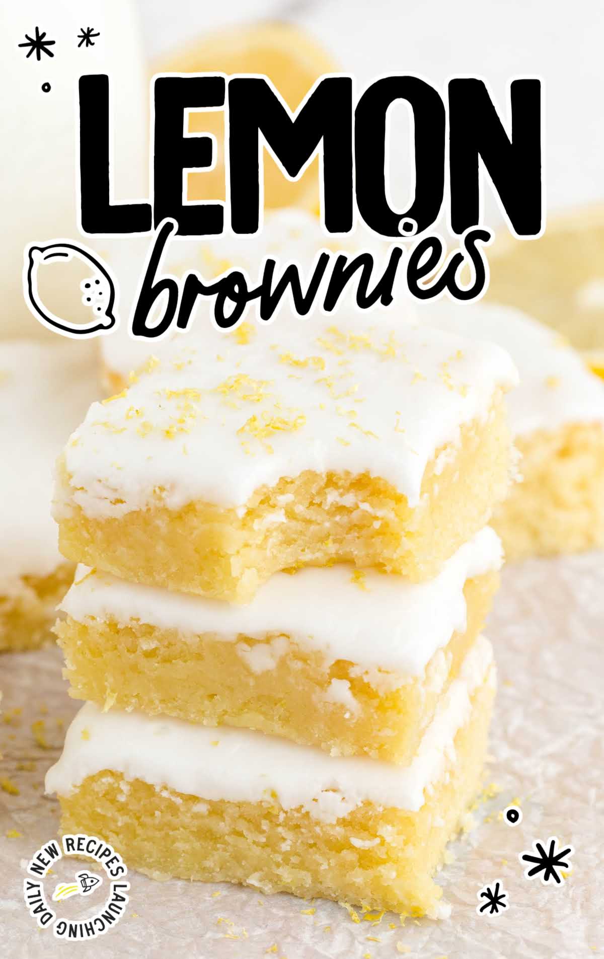 close up shot of Lemon Brownies stacked on top of each other