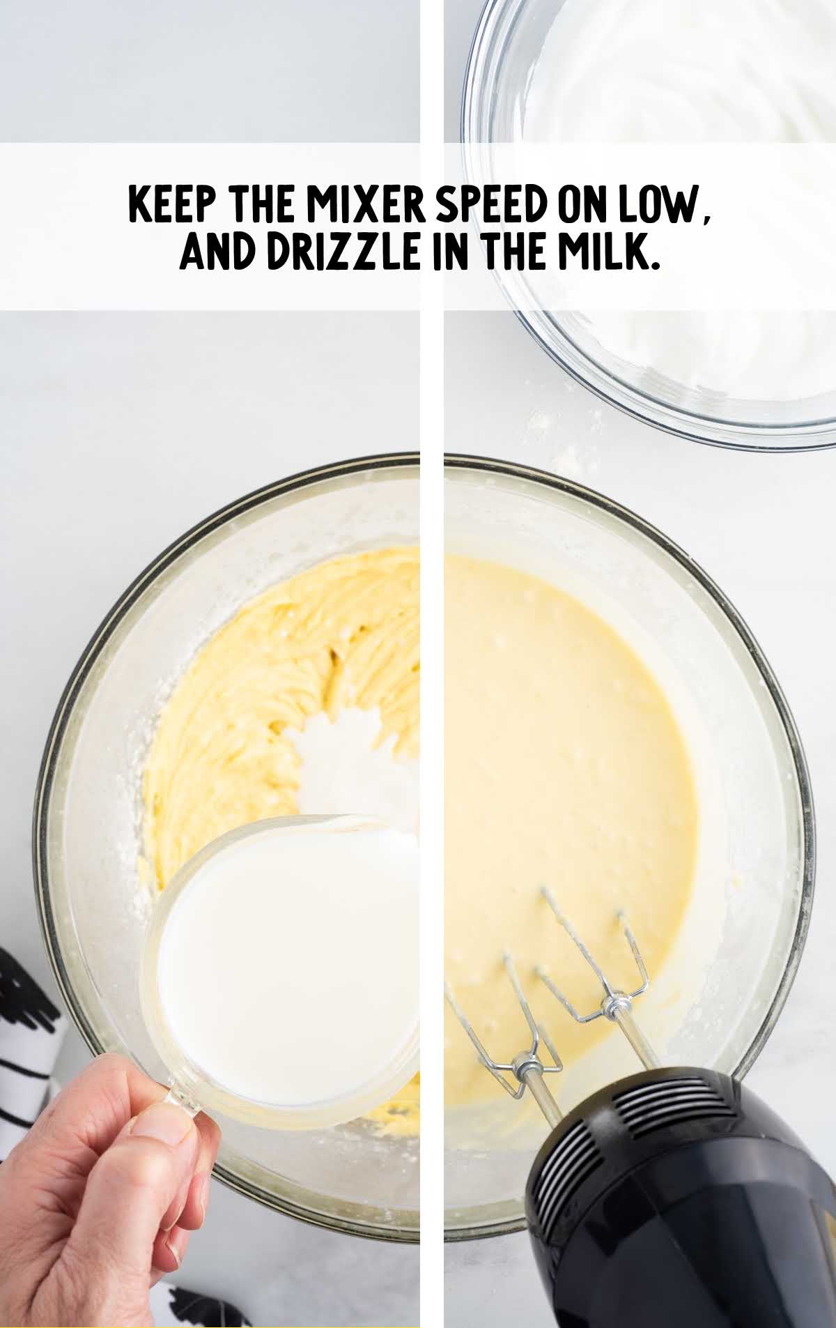 milk poured on the Lemon Custard Cake batter and then blended together in a bowl