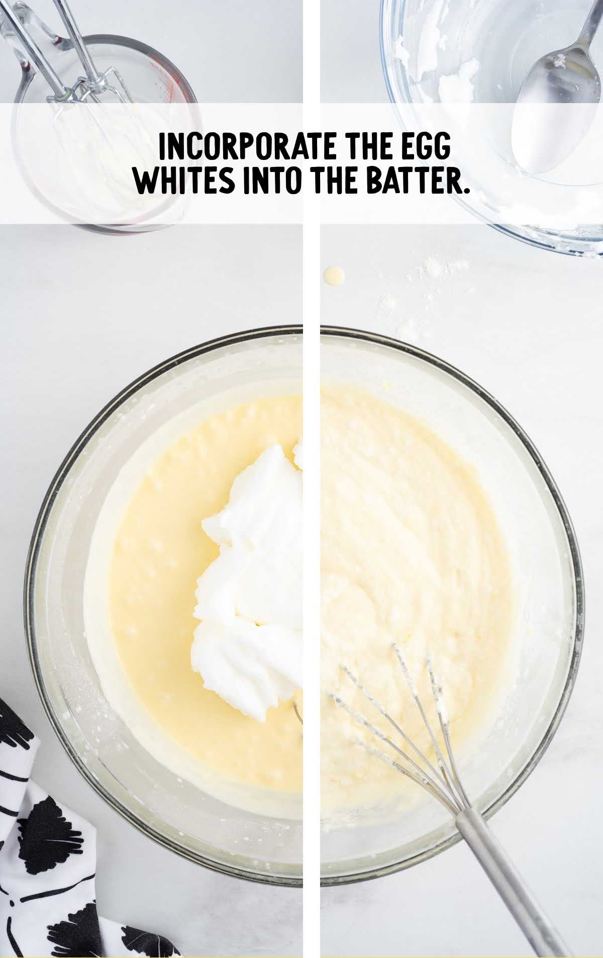 egg poured into the Lemon Custard Cake batter and then whisked together in a a bowl