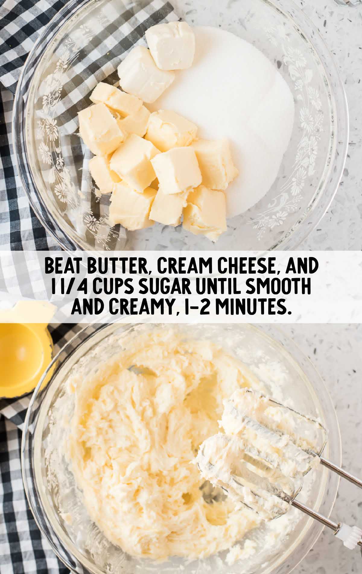 butter, cream cheese, and sugar blended together in a bowl
