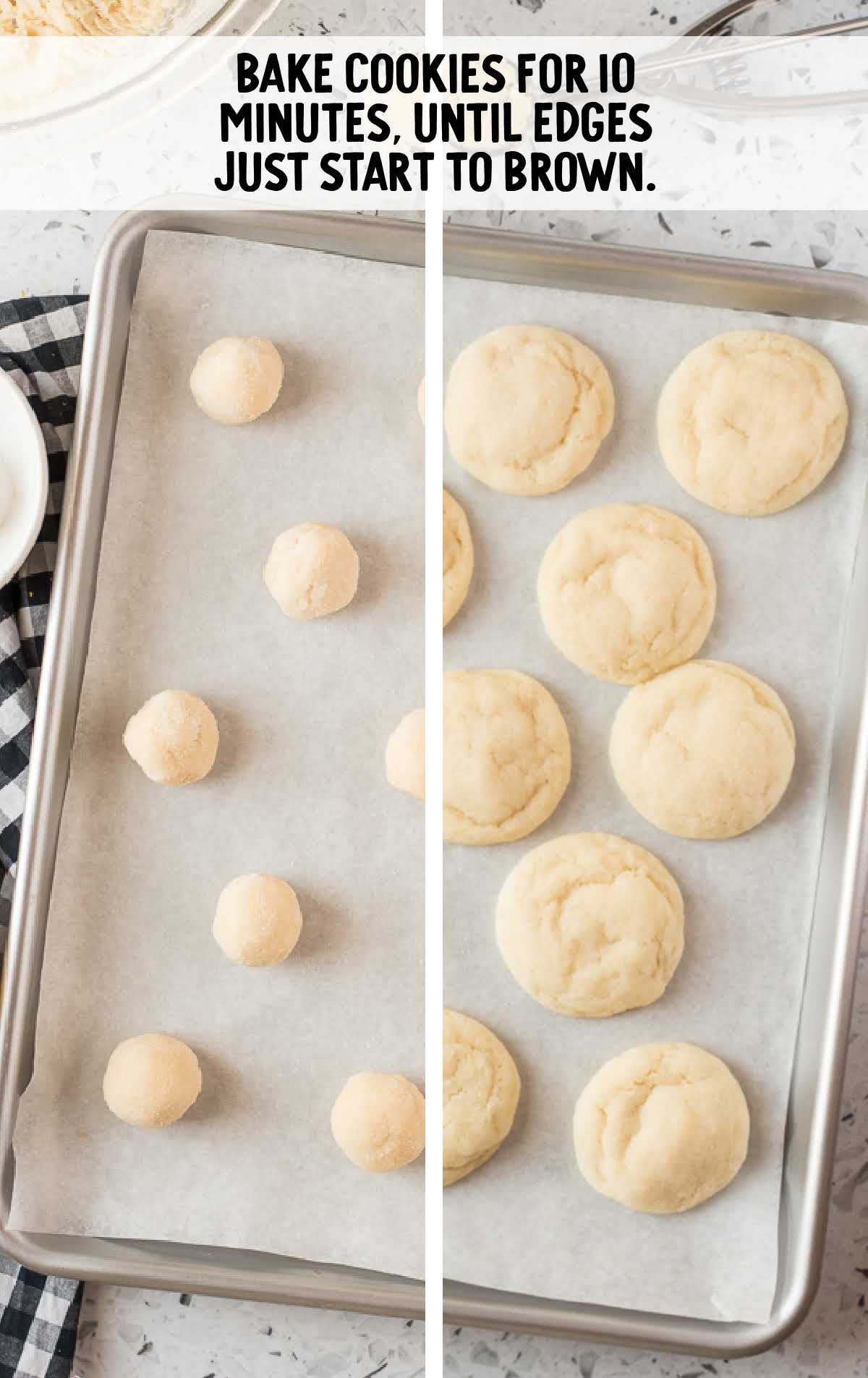 scoops of cookie dough placed on a baking sheet then baked