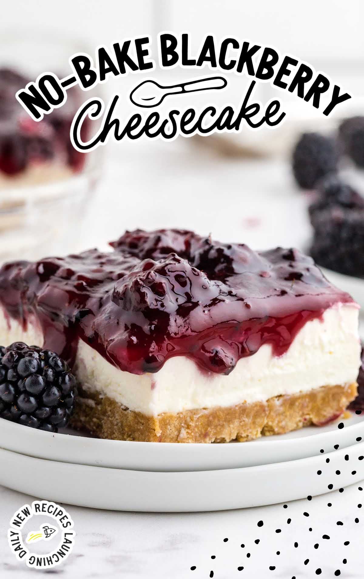 close up shot of a slice of blackberry cheesecake on a plate with a blackberry 