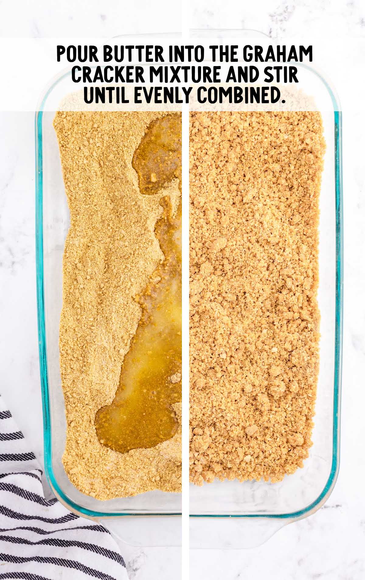 melted butter poured into the graham cracker crumbs in a baking dish
