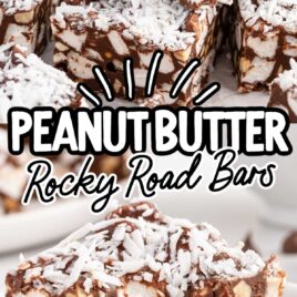a bunch of No Bake Peanut Butter Rocky Road Bars and a close up shot of a No Bake Peanut Butter Rocky Road Bars on a plate