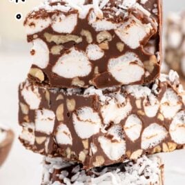 slices of No Bake Peanut Butter Rocky Road Bars stacked on top of each other