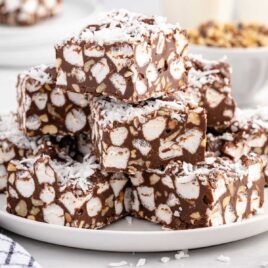close up shot of slices of No Bake Peanut Butter Rocky Road Bars on a plate