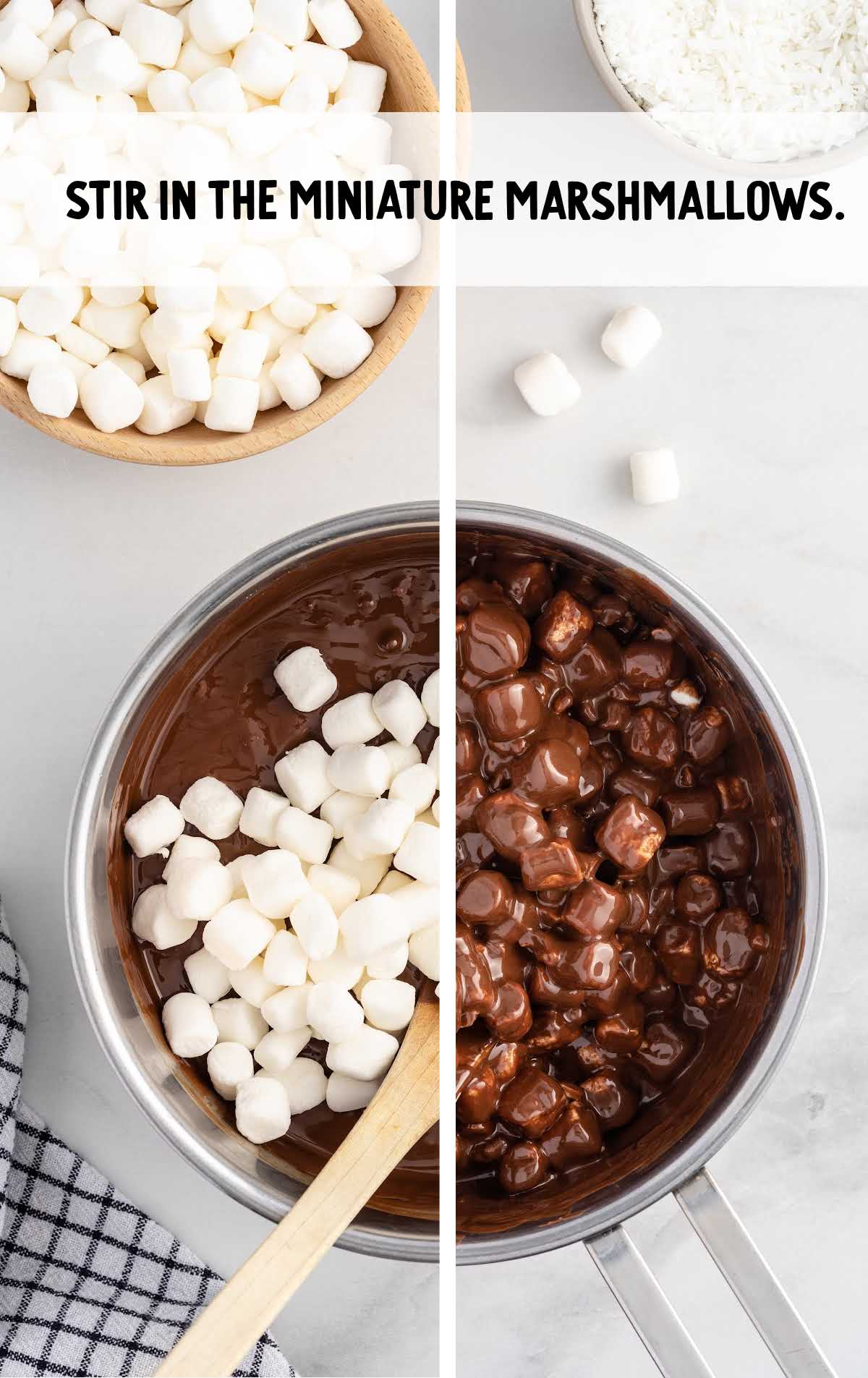 marshmallows poured in the chocolate mixture and then mixed together