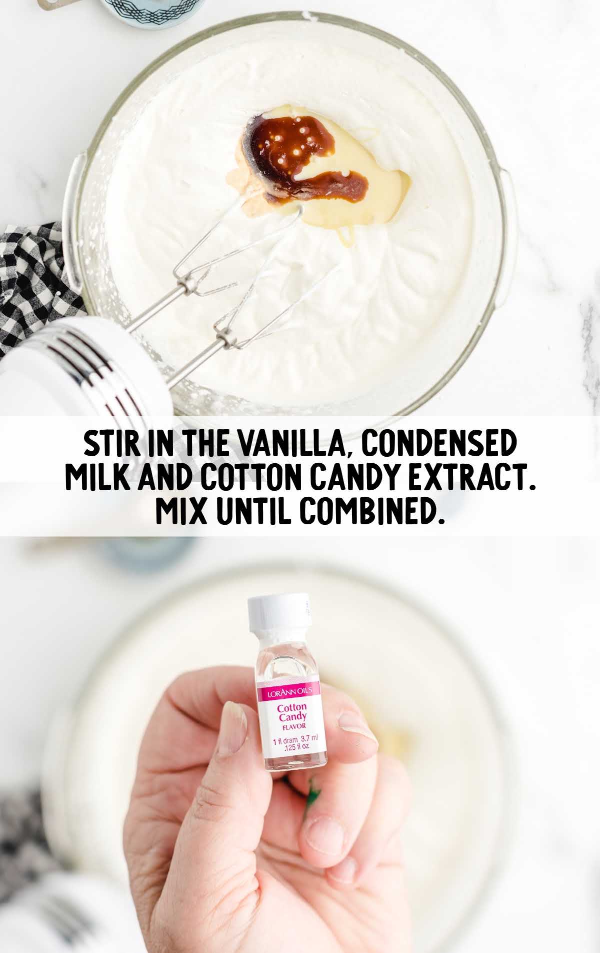 vanilla, condensed milk and cotton candy extract blended together in a bowl