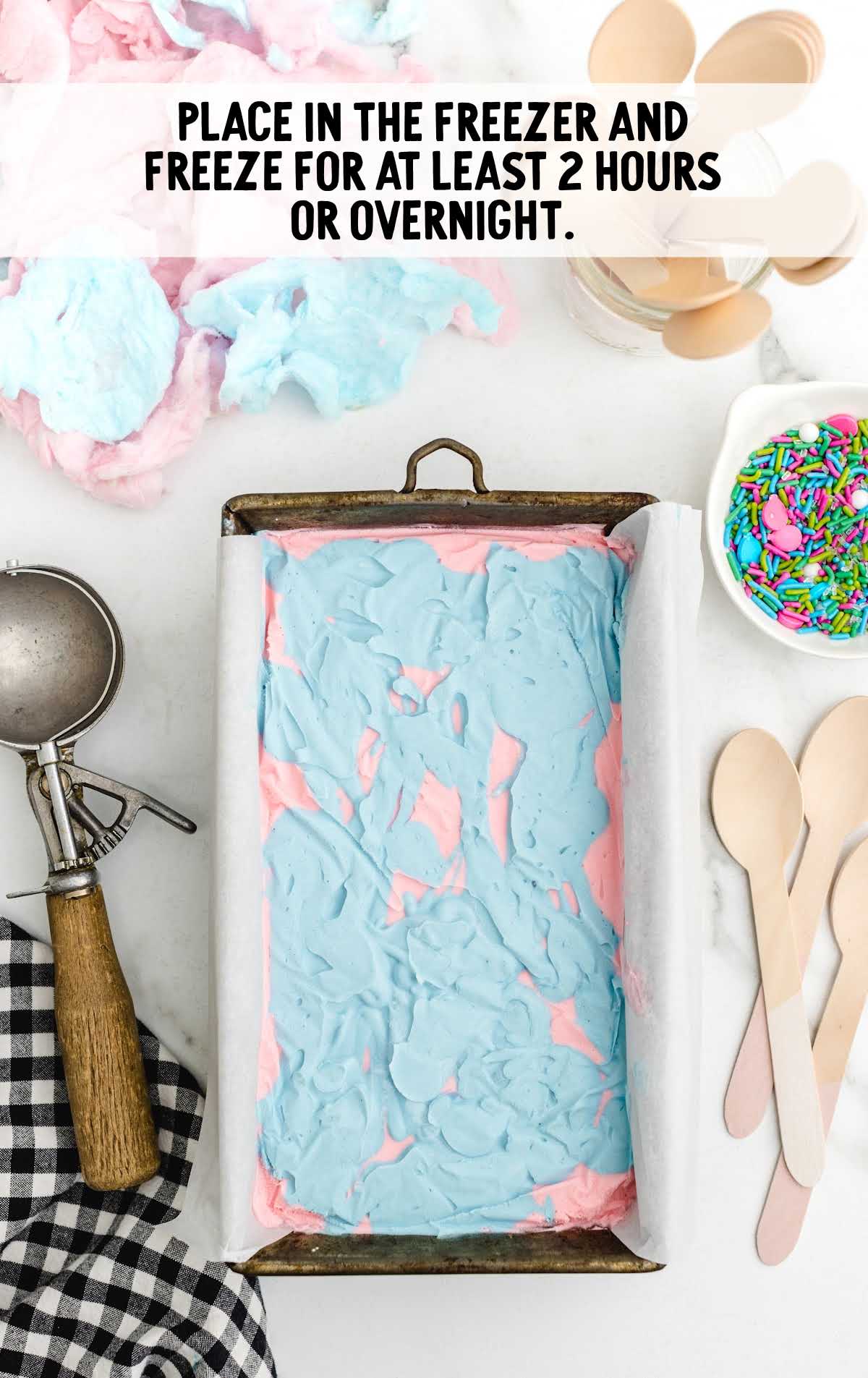 No-Churn Cotton Candy Ice Cream after being frozen in a loaf pan