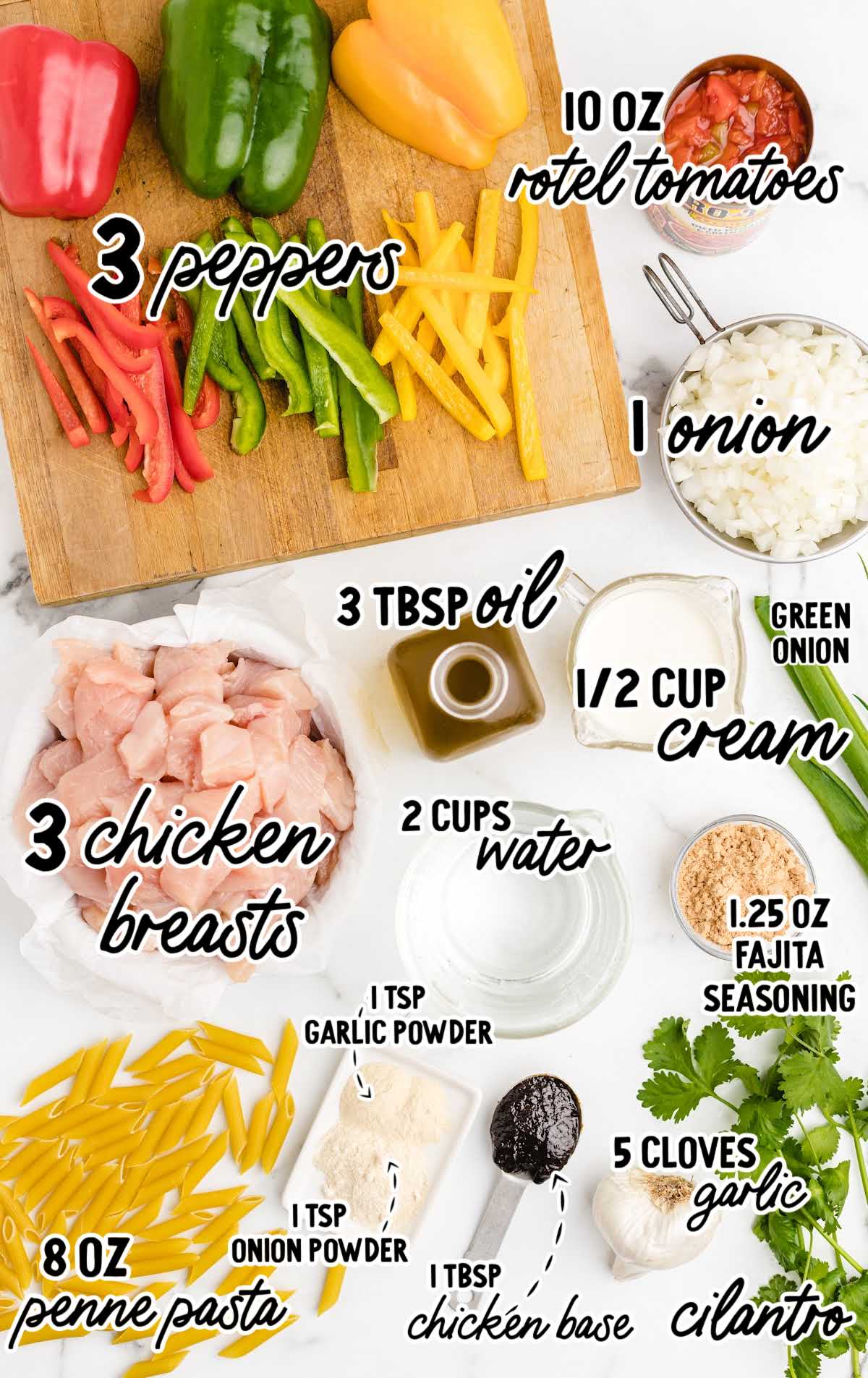 One Pot Chicken Fajita Pasta raw ingredients that are labeled