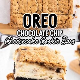 over head shot of Oreo Chocolate Chip Cheesecake Cookie Bars on parchment paper and close up shot of Oreo Chocolate Chip Cheesecake Cookie Bars stacked on top of each other