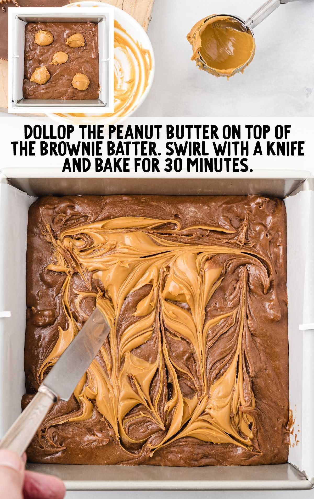 scoops of peanut butter placed on top of the brownie mixture then swirled in a baking dish