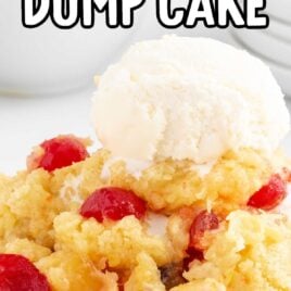 close up shot of a plate of Pineapple Upside Down Dump Cake topped with vanilla ice cream