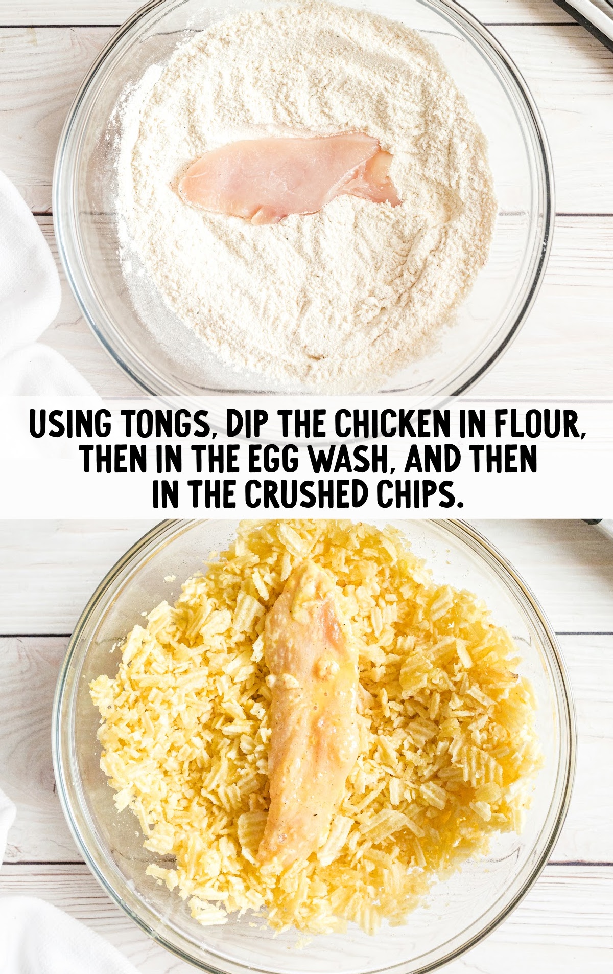 chicken dipped into bowls of the flour, egg wash, then crushed chips