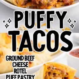 Puffy Tacos stacked on top of each other on a plate and Puffy Tacos on a plate
