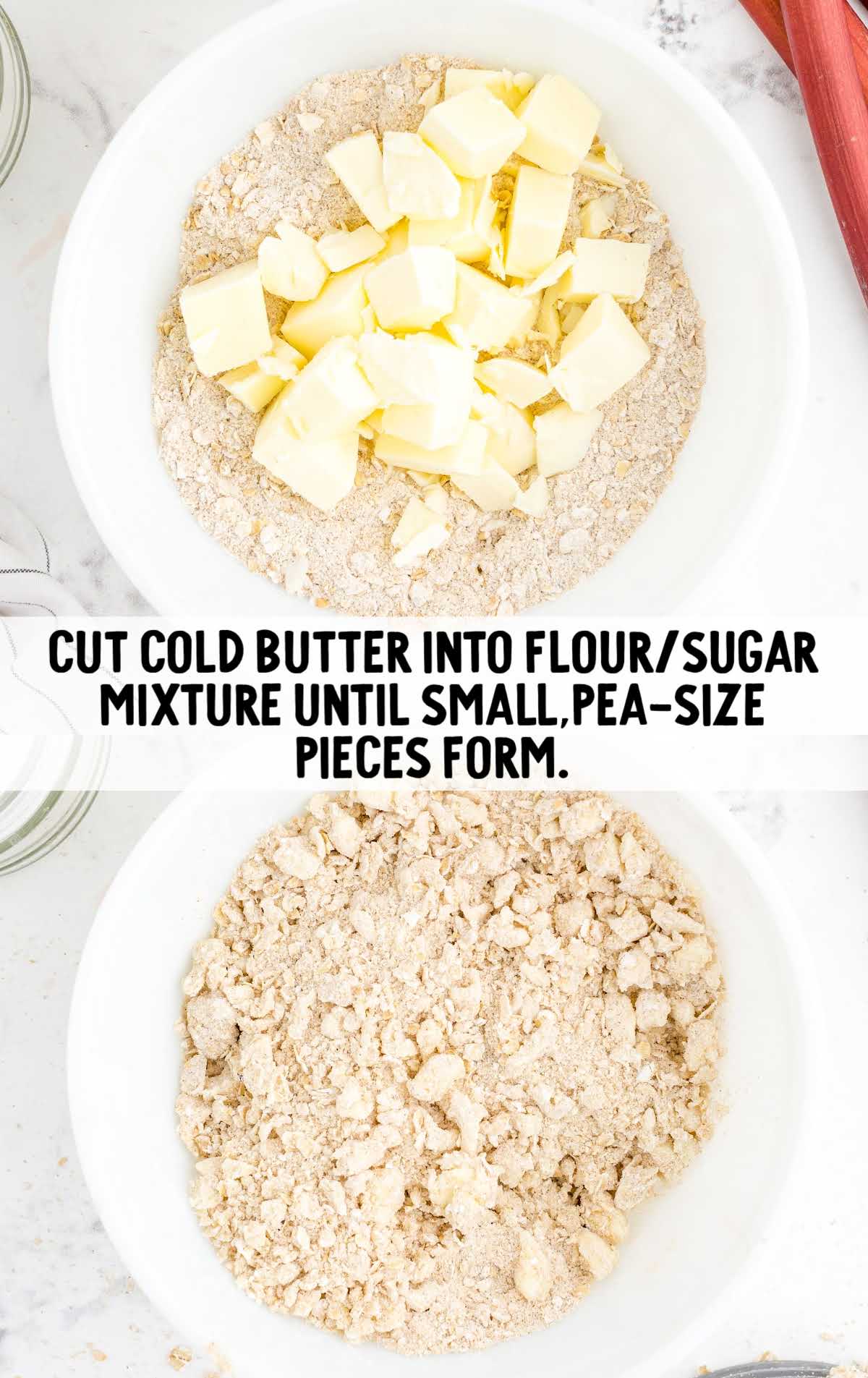 cold butter mixed with flour/sugar mixture in bowl