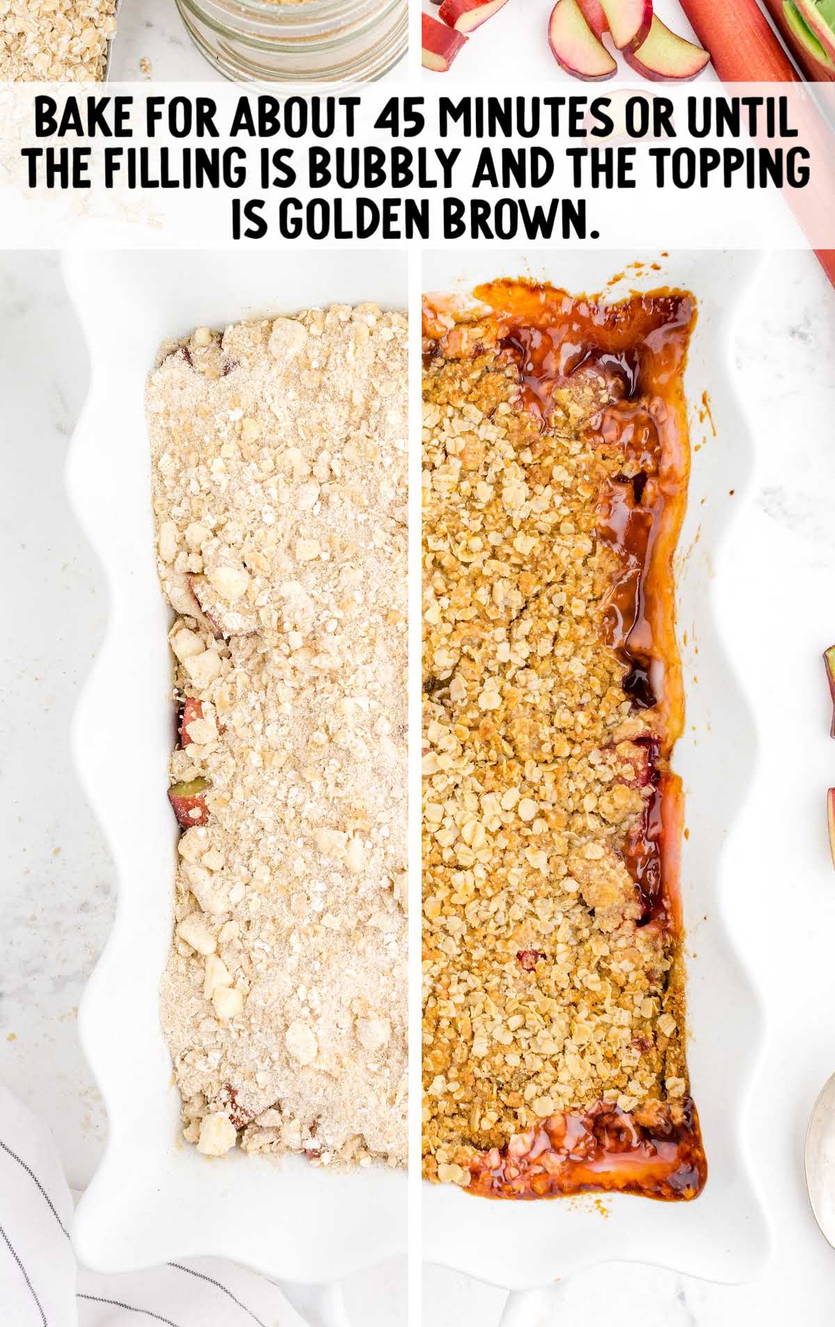 Rhubarb Crisp in a baking dish and then baked 