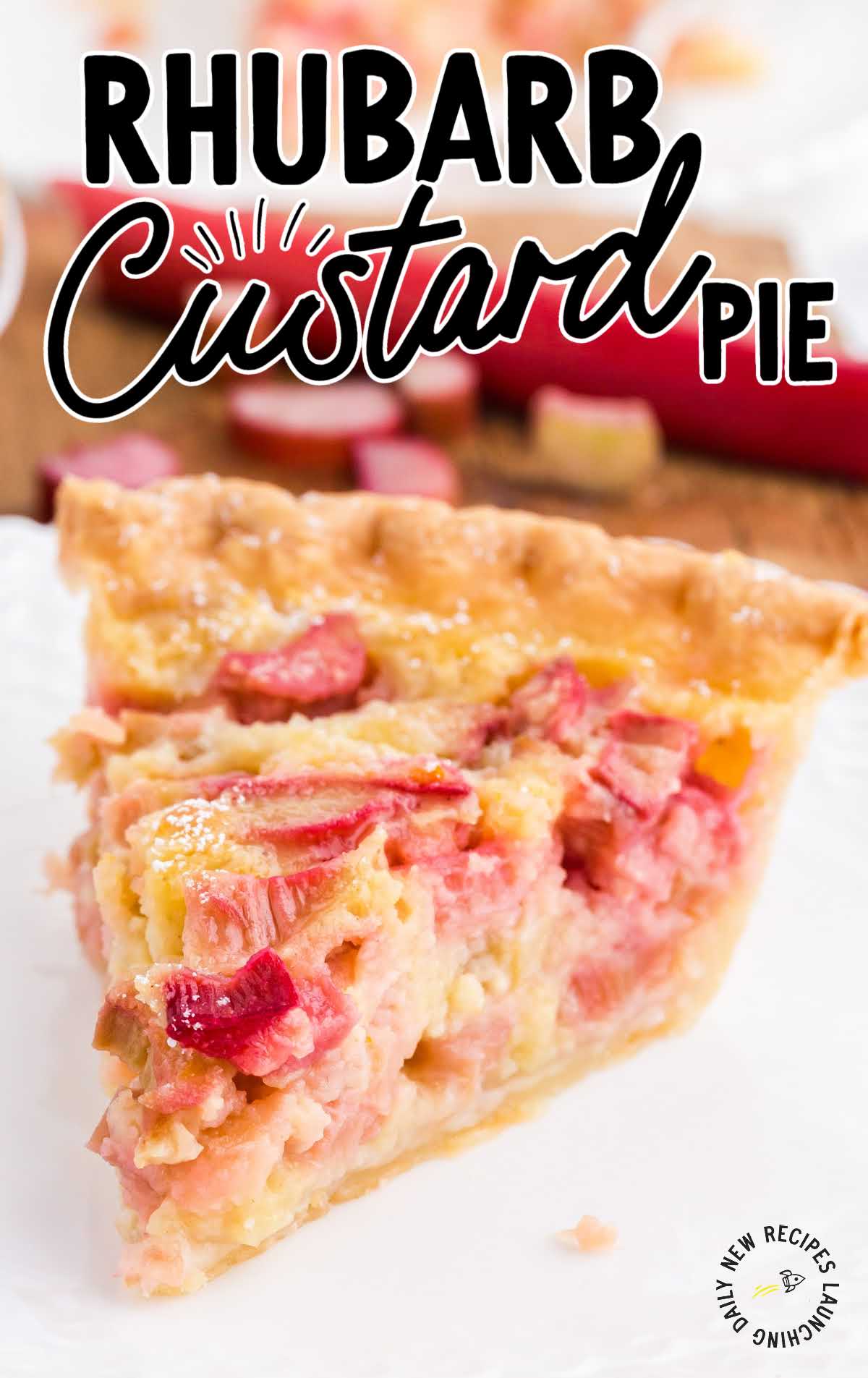 close up shot of a slice of rhubarb custard pie on a plate
