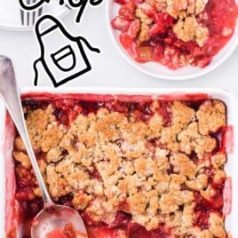 close up shot of a Rhubarb Strawberry Crisp in a baking dish