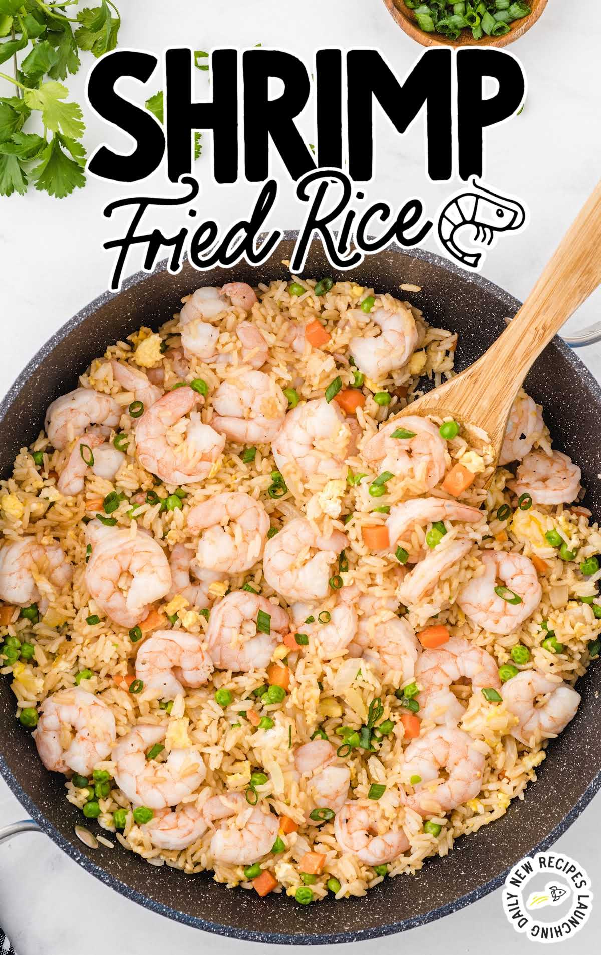 overhead shot of a skillet of Shrimp Fried Rice garnished with green onions