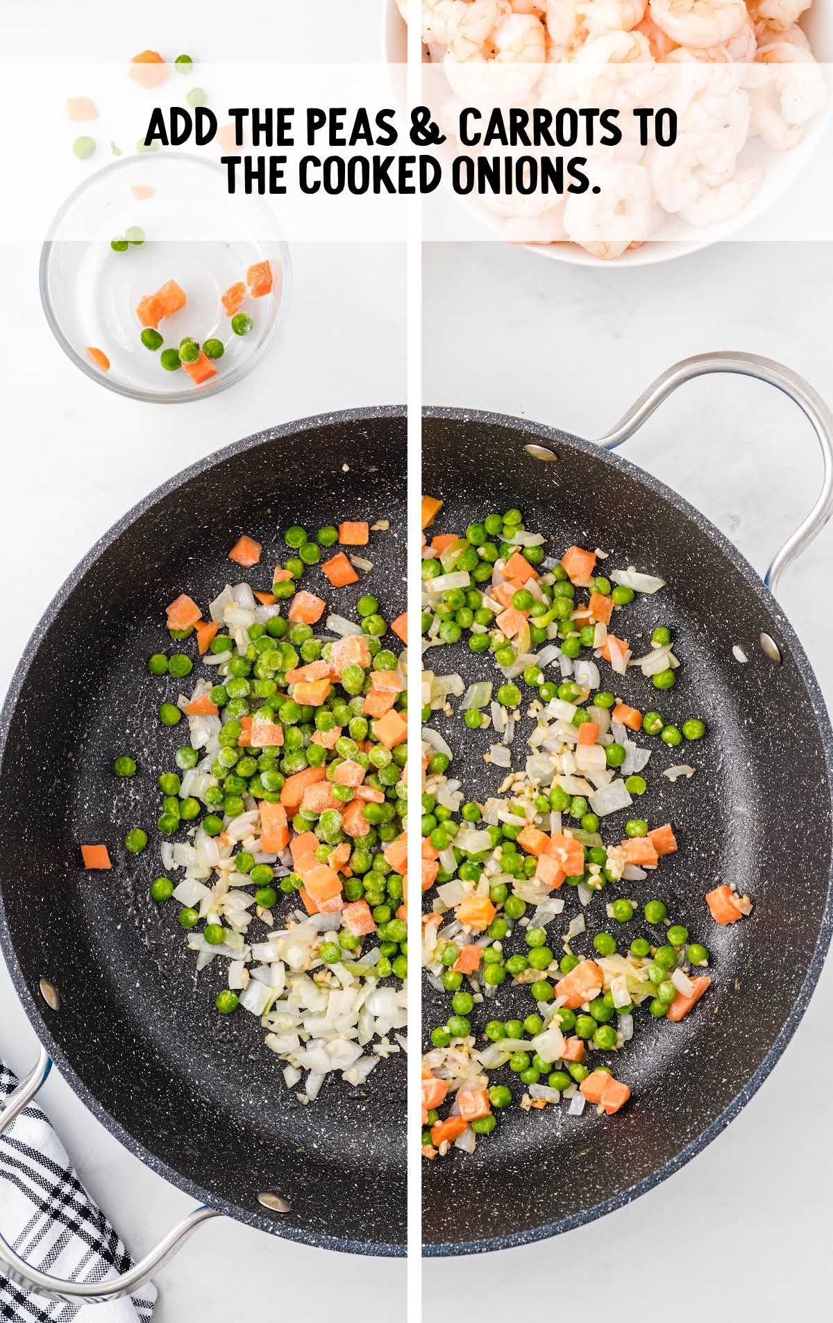 peas, carrots, and onions added to the skillet