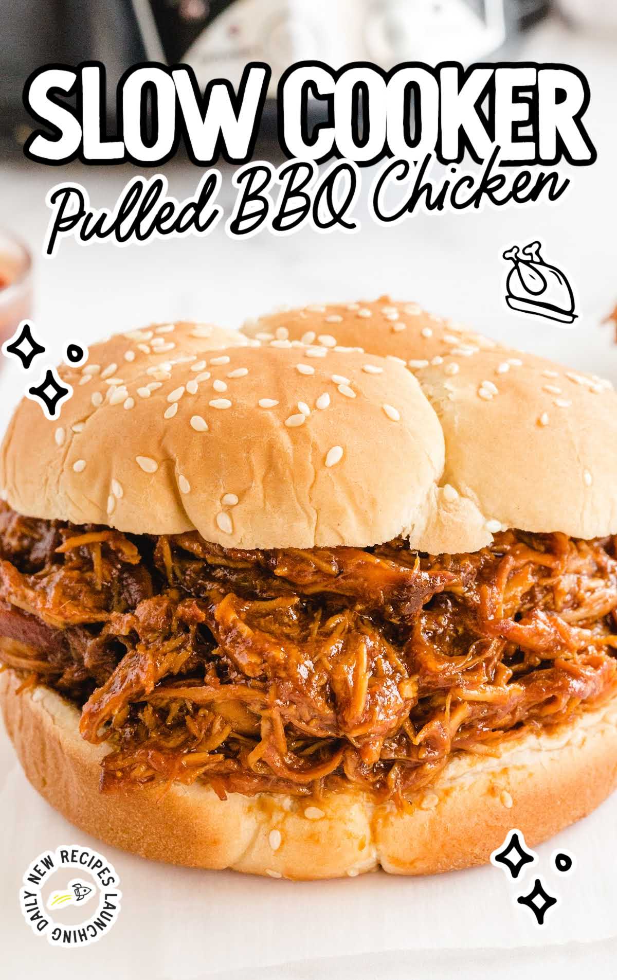 close up shot of a pulled bbq chicken sandwich