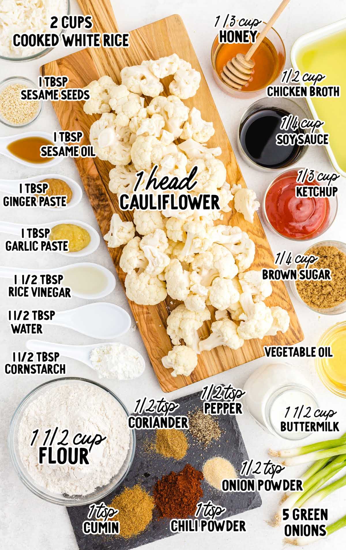 Sticky Sesame Cauliflower raw ingredients that are labeled