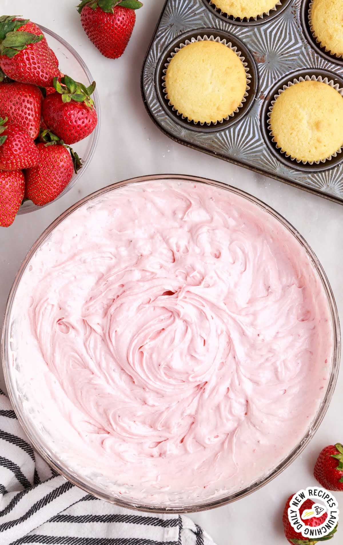over head shot of Strawberry Cream Cheese Frosting in a bowl